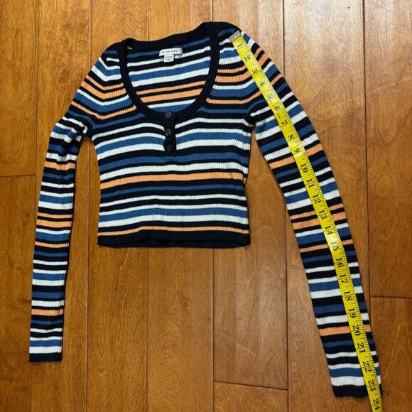 American Eagle Womens Long Sleeve Henley Size XS Striped Cropped Y2K 90's - Picture 6 of 10